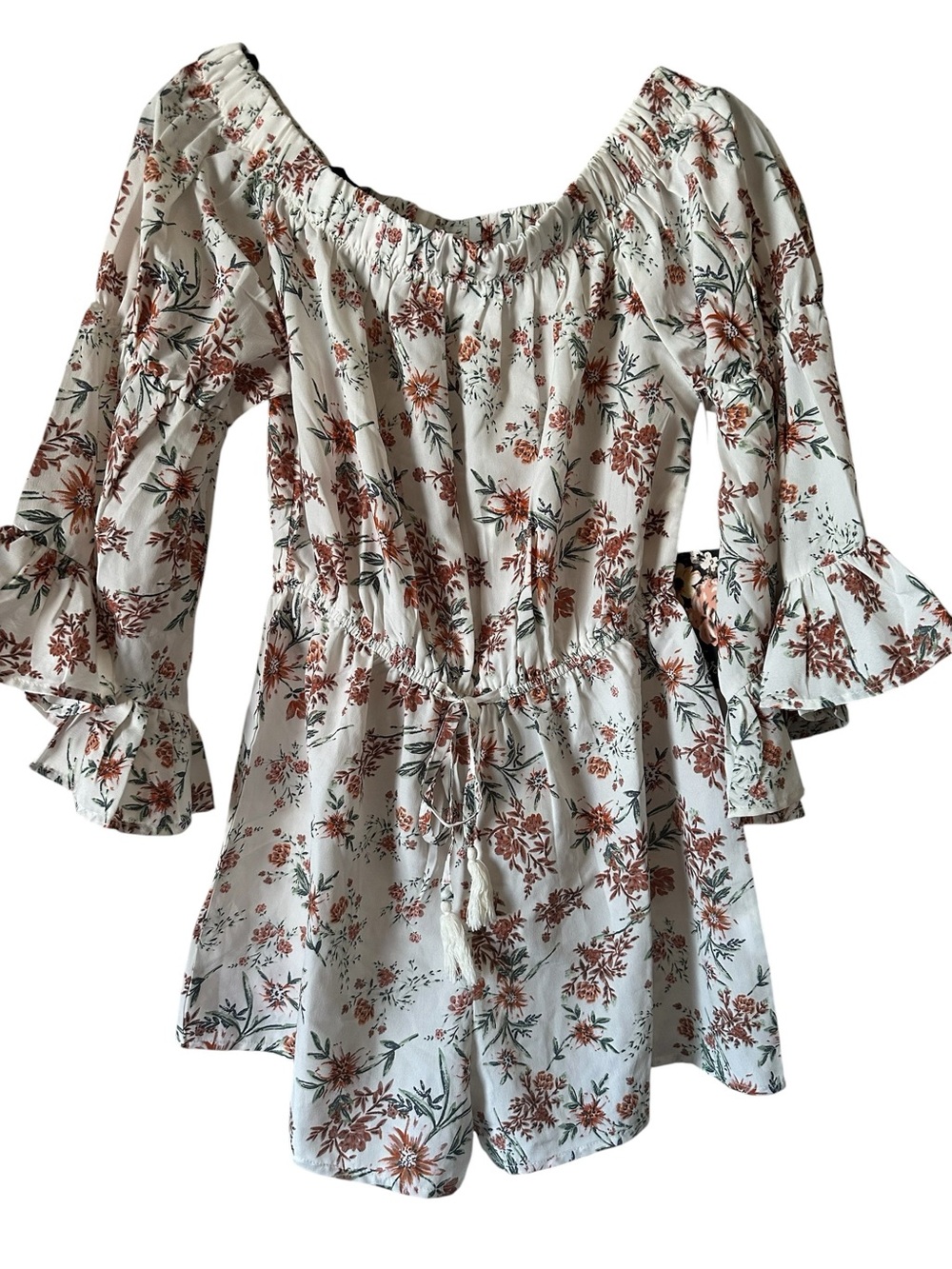 Floral Off-Shoulder Romper in Cream and Rust Hint of Blush Size M